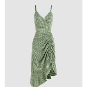 Plaid ruffle midi ruched dress